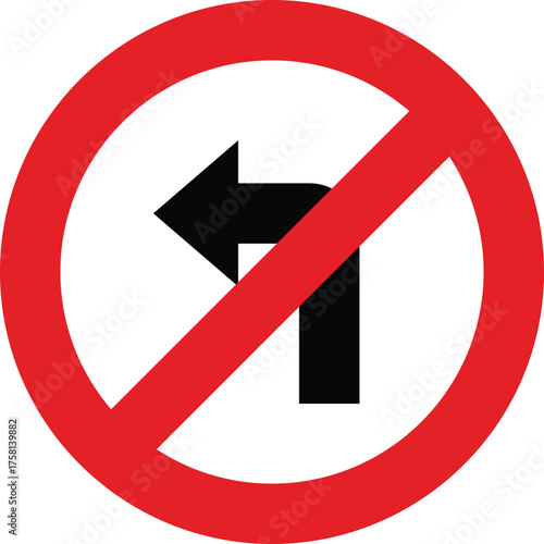 Red circular traffic sign prohibiting left turns on a white background