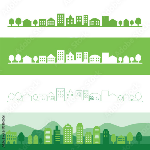stylized green cityscape and townscape vector set showing rural to urban transition, layered silhouettes and line art, sustainable design elements
