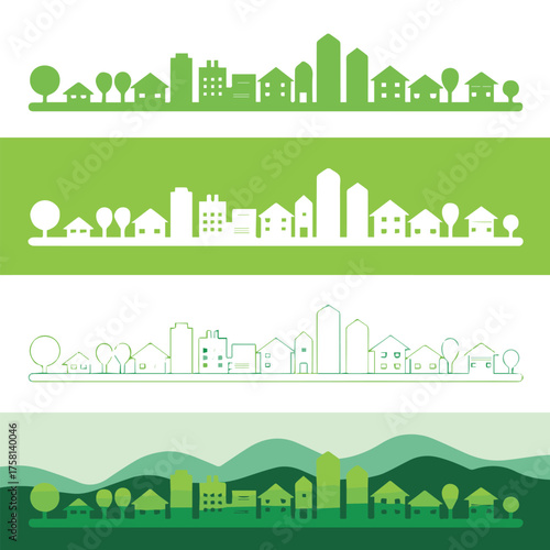 green transition vector composition: barn and silo to highrise skyline, minimalist line art panels and layered urban silhouettes