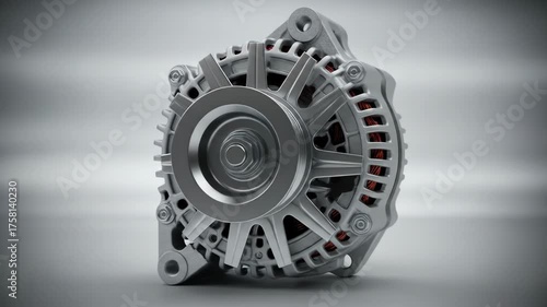 Close-up of a car alternator with metallic casing and visible copper windings on a light grey background