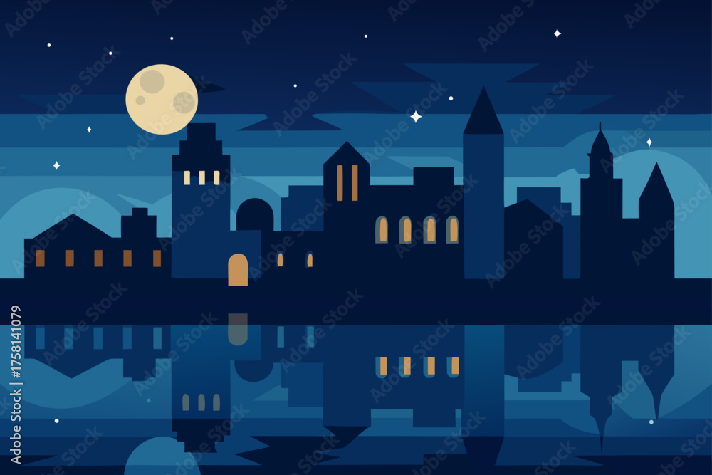Fototapeta premium Stylized cityscape at night with a full moon and water reflection