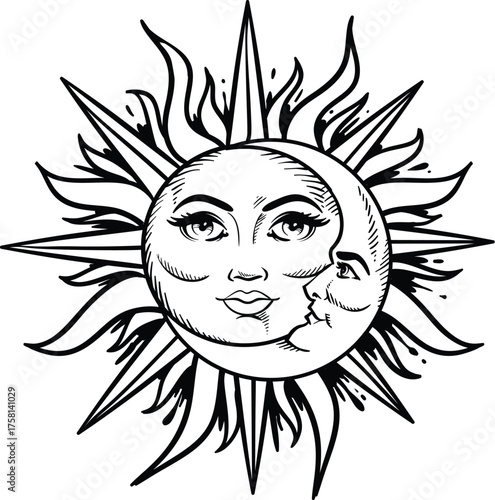 Sun and Moon Line Art Celestial Vector