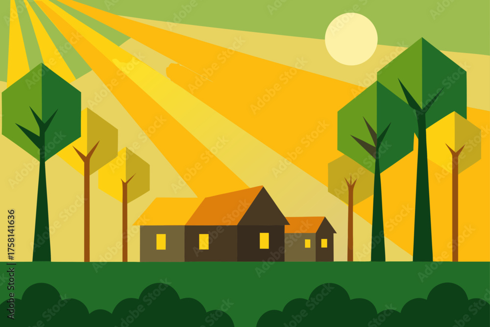 Naklejka premium Stylized flat design landscape with houses and trees under sunlight