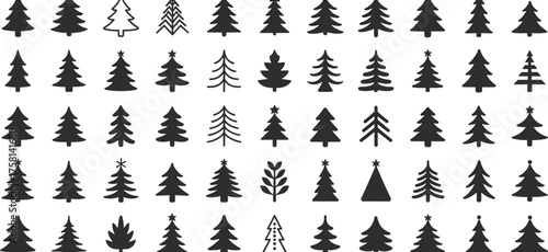 Collection of black Christmas tree icons in minimalist silhouette style for festive decoration, winter holiday design, and seasonal vector artwork