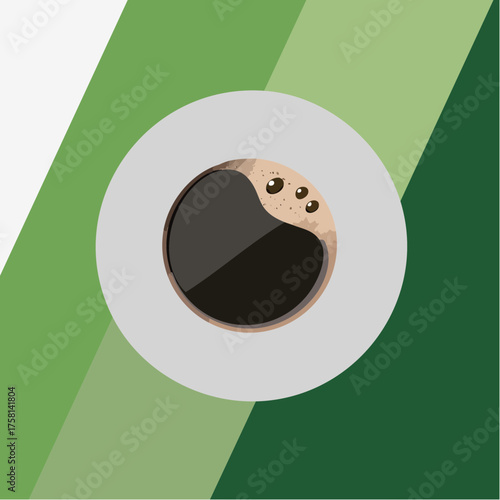 Top view of coffee cup on green and white background.