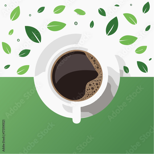 Top view of coffee cup on green and white background.