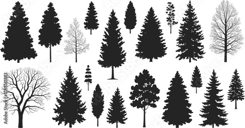 Collection of black tree silhouettes including pine, fir, and deciduous varieties for nature design, forest illustration, and vector artwork
