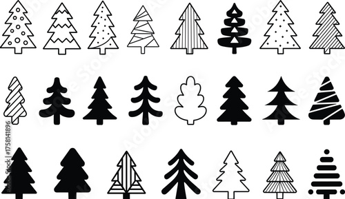 Collection of minimalist black and white Christmas tree icons, modern pine tree silhouettes, and geometric festive shapes for holiday design illustration