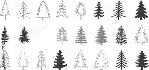 Collection of twenty minimalist pine tree silhouettes and outlines featuring modern hand-drawn styles for nature design and vector artwork