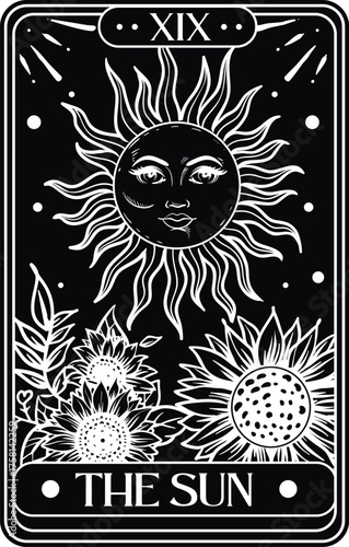 The Sun Tarot Card – Mystical Celestial Vector Illustration with Sunflowers