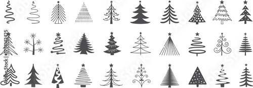 Minimalist Christmas tree icons collection, modern holiday tree silhouettes and festive design elements, simple decorative shapes for seasonal greeting and graphic projects