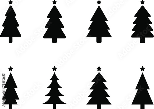 Set of eight minimalist black Christmas tree silhouettes with star toppers for festive holiday decoration, winter vector design artwork