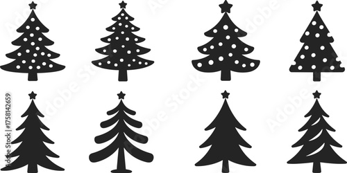 Set of eight minimalist black Christmas tree icons with modern festive design for holiday decorations, winter season, and vector artwork