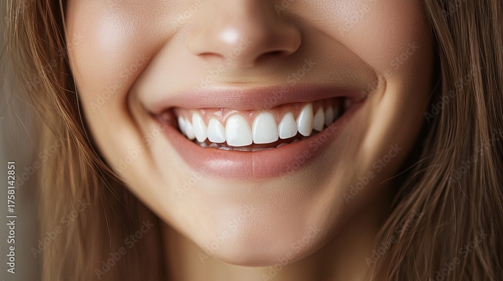 Fototapeta premium An extreme close-up of a woman's radiant smile, showcasing healthy white teeth and genuine joy. Perfect for dental care, happiness, and beauty concepts.