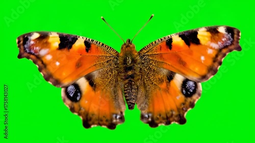 Vibrant Small Tortoiseshell Butterfly Flapping Wings in Detailed Macro on Green Screen