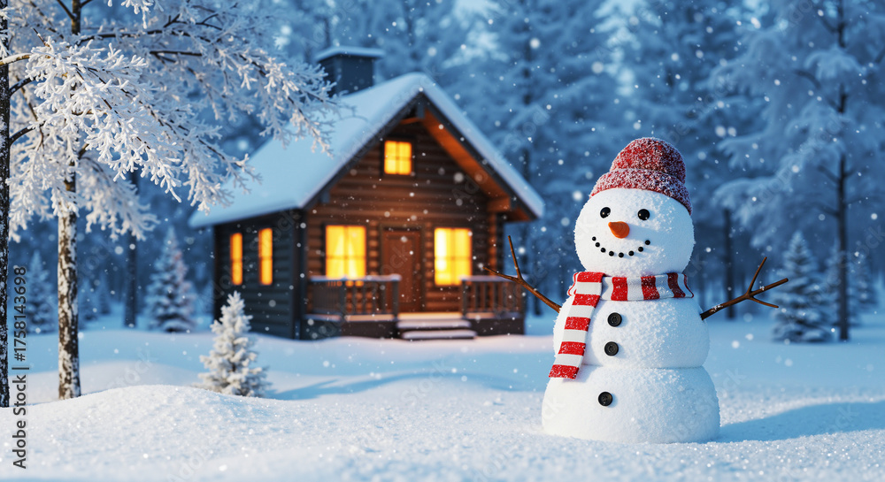 Fototapeta premium Snowman wearing striped scarf standing near cozy wooden cabin in winter