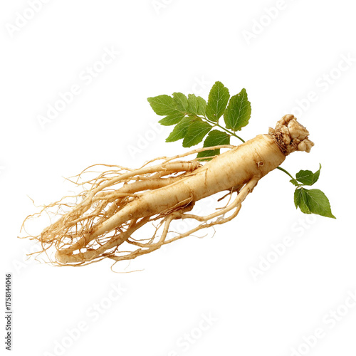 Fresh panax ginseng root with green leaves isolated for natural health and wellness use