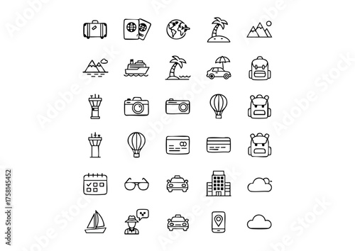 Monochrome Travel Agency & Tourism Vector Icon Set, Adventure and Vacation Planner Graphic Symbols, Black and White Travel and Booking Professional Icons