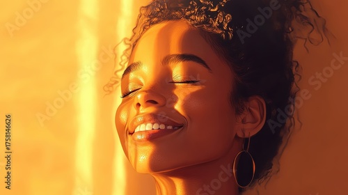 A beautiful African American woman with her eyes closed, smiling serenely as she enjoys the warmth of the sun on her face. Concept of peace, mindfulness, and nature.