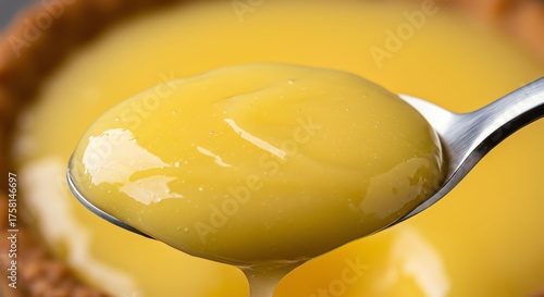 Lemon Curd Filling in Silver Spoon Close Up Bright Yellow Delicious