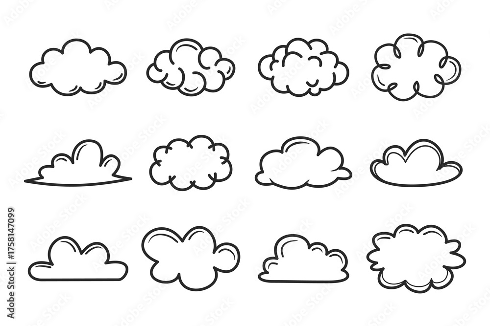 Obraz premium Hand Drawn Cloud Icons Set — Cute Doodle Outline Clouds Collection