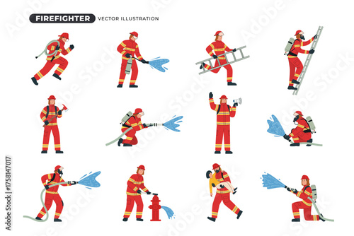 Set of Firefighter illustration in various action poses such as spraying water, climbing ladder, saving lives, and operating fire hydrant