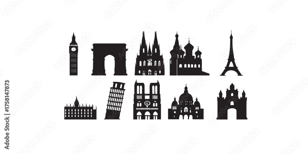 Fototapeta premium Print European architecture silhouette pack in monochrome vector