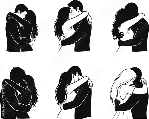 Couple embrace, emotional connection, silhouette love, black and white, romantic hug, minimal design, intimacy art, relationship pose, affectionate moment, stylized illustration