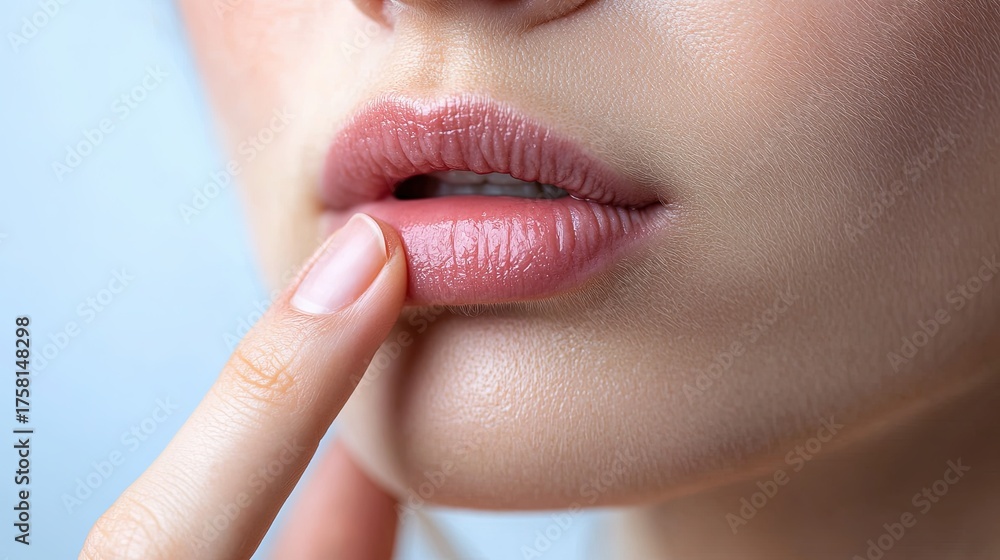 Obraz premium A close-up of a woman's mouth as she touches her swollen lips, indicating an allergic reaction, injury, or cosmetic procedure side effect.