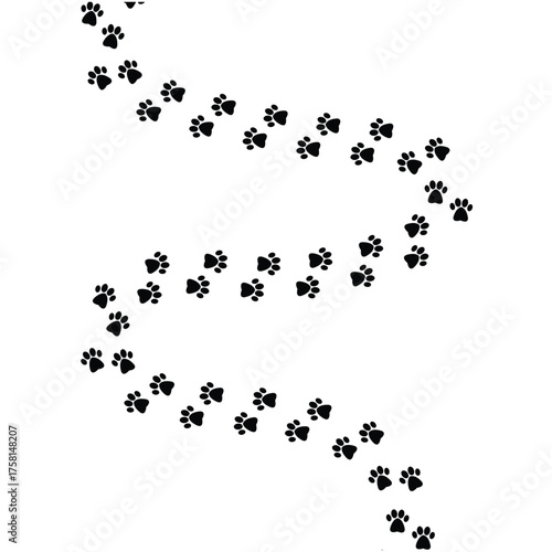 Paw vector foot trail print featuring cat, dog, and puppy silhouettes in diagonal tracks, ideal for t-shirts, backgrounds, patterns, websites, showcases, greeting cards, children's prints in eps 10.