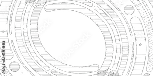 Architectural blueprint featuring concentric oval shapes, detailed lines, and intricate patterns, showcasing design elements.