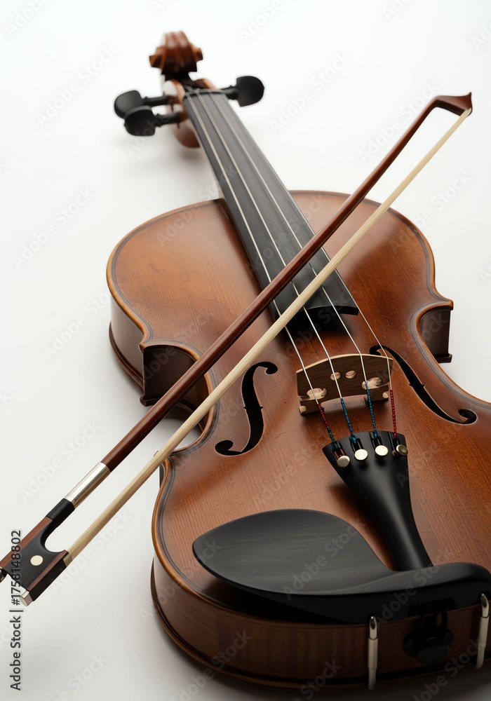 Fototapeta premium Elegant Wooden Violin with Bow and Chin Rest on White Background