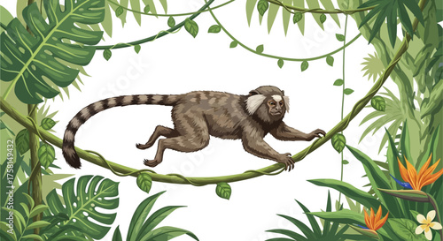 Agile Marmoset Monkey Leaping Across Vine with Striped Tail and Fur.