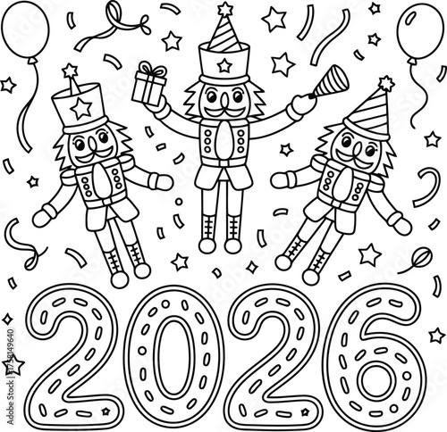 Festive Nutcracker Trio Celebrating New Year 2026 – Playful Line Art Coloring Page