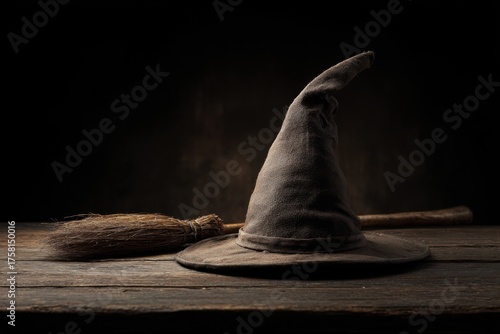 Witch hat and broom on dark wood, soft top light, clean shadows, cozy moody palette