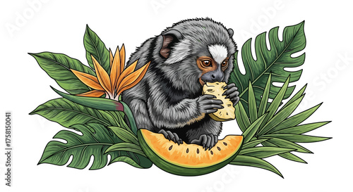 Cute Marmoset Monkey Eating Pineapple Slice Surrounded by Tropical Leaves.