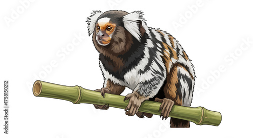 Detailed Illustration of a Marmoset Monkey Perched on Green Bamboo Branch.