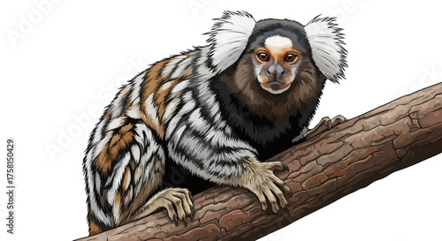 Detailed Marmoset Illustration on Branch with Striped Fur and White Tufts.