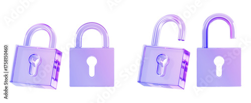 Glass holographic padlock icon 3d render. Crystal gradient set of locked and unlocked lock in different angles. Safety and secure symbol for web design. Protection and privacy concept