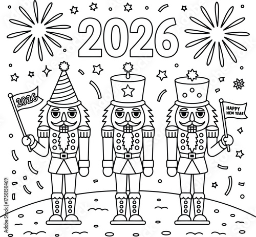 Nutcracker Trio Celebrating New Year 2026 – Festive Black and White Line Art Coloring Page