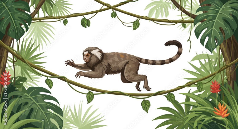Obraz premium Jumping Marmoset Monkey with Brown Fur and Striped Tail in Jungle.