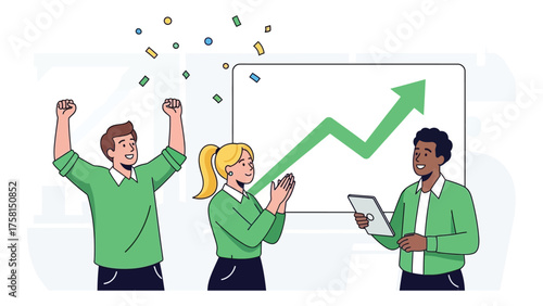 Team celebrating business growth with rising graph diverse group of people cheering success vector illustration for presentation and infographic