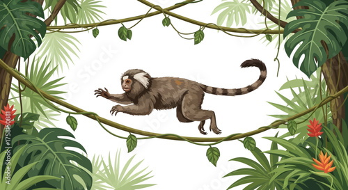Jumping Marmoset Monkey with Brown Fur and Striped Tail in Jungle.