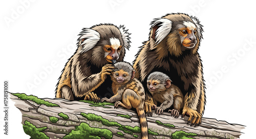 Marmoset Monkey Family Portrait on Mossy Branch Cartoon Style.