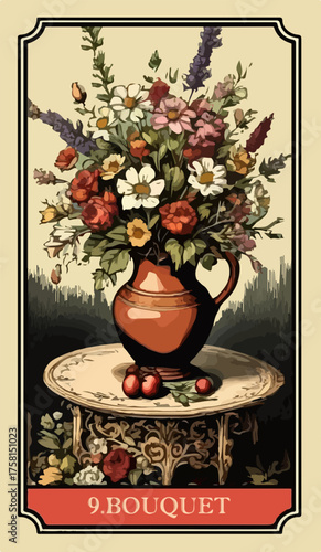 Bouquet. A comic-style fantasy card from the Lenormand Oracle deck. The classic 5:3 ratio for divination cards