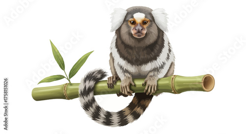 Marmoset Monkey on Bamboo Branch with Striped Tail.