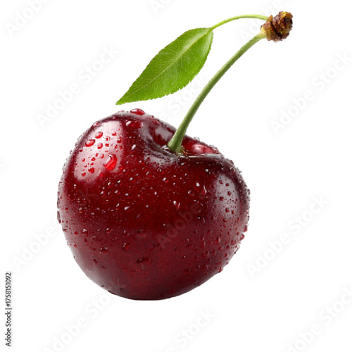 Single ripe sour cherry with stem and leaf dew drops isolated