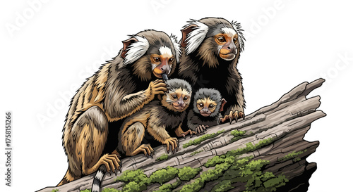 Marmoset Family Portrait Two Adults and Two Babies on Mossy Branch.