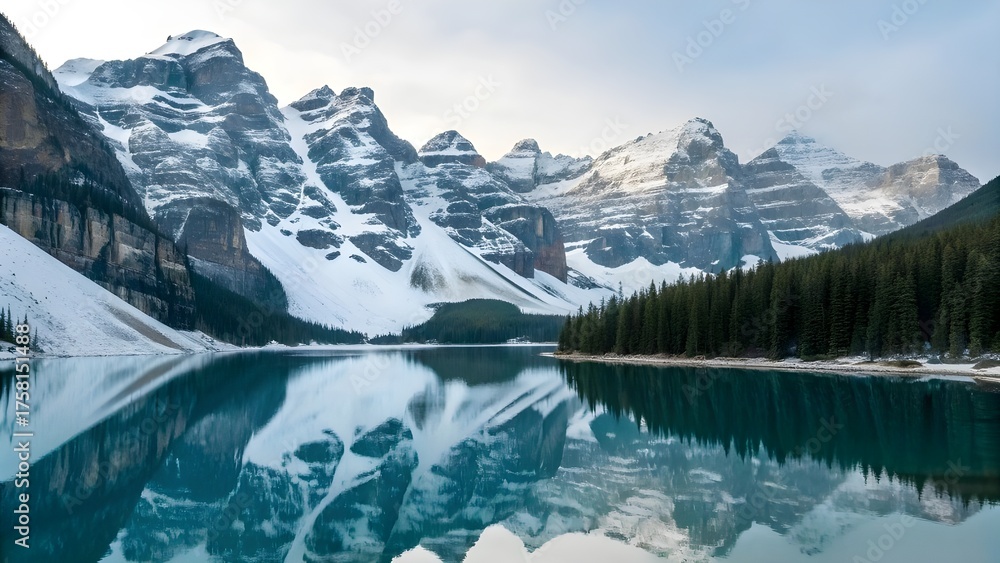Fototapeta premium Reflection Of Snowy Mountains Shimmering On Crystal Clear Lake — A Breathtaking Winter Scene Where Glassy Waters Mirror Frosted Peaks Under Bright Sky, Capturing Pure Alpine Tranquility