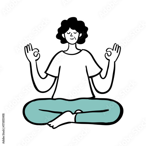 Woman Practicing Mindfulness. Peaceful Yoga Pose. Mindful Meditation. Illustration of a Middle-Aged Woman Doing Yoga.
